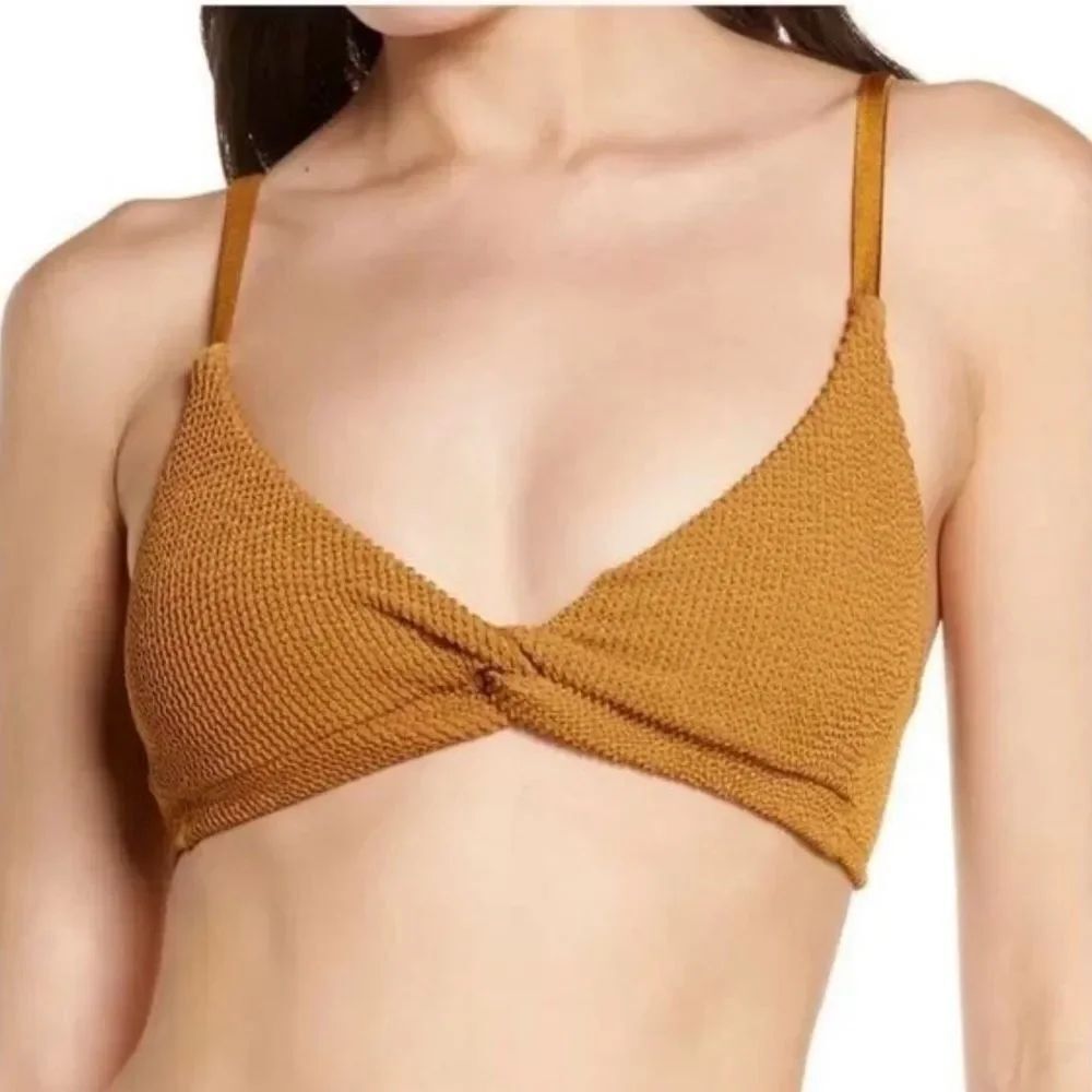 Good American Crinkle Always Fit Twist Bikini Top Textured Bronze Brown 3 US L